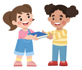 Illustration of two girls sharing a book