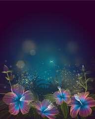 Gradient Hibiscus Flower Line Art with Fireflies
