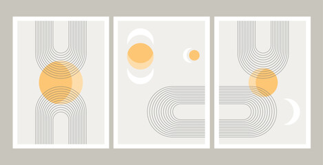 Minimalist modern art designs focusing on flat shapes, lines, color, and space.