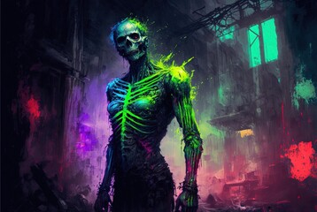 Obraz na płótnie Canvas Toxic undead cyberpunk zombie tainted with radiation poisoning prowling around decaying city ruins - Generative AI illustration.