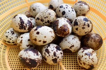 Top view of quail eggs. High protein rich food.