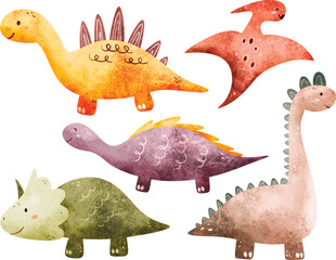 Watercolor illustration set of colorful dinosaurs