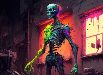 Toxic undead cyberpunk zombie tainted with radiation poisoning prowling around decaying city ruins - Generative AI illustration.