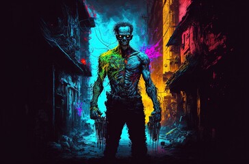 Naklejka na ściany i meble Toxic undead cyberpunk zombie tainted with radiation poisoning prowling around decaying city ruins - Generative AI illustration.