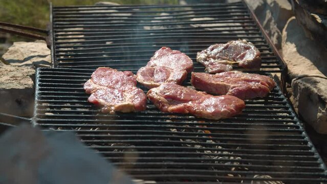 Fresh meat. A man is having lunch in the garden. Close-up shot.