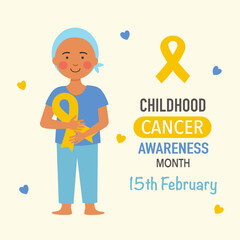 Childhood cancer awareness month concept vector illustration. Cute kids holding yellow ribbon logo in flat design.