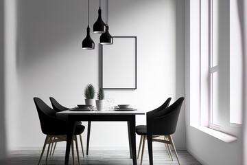 Interior décor for a contemporary, comfortable dining area with an empty mock up picture frame,. Generative AI