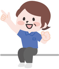  座って指をさすポロシャツのシニア女性スタッフ 