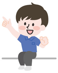  座って指をさすポロシャツの男性スタッフ 