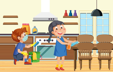 Kids cleaning room together