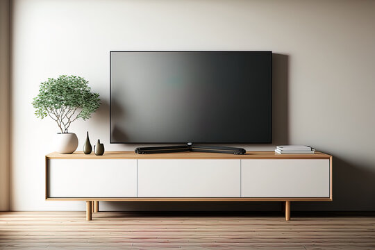 Minimal TV cabinet inside wall mockup for the Japanese room. Generative AI
