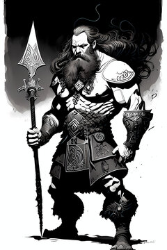 A fantasy board game card/colouring book page: bearded Dwarf warrior, Norse mythology, Vikings. AI-generated