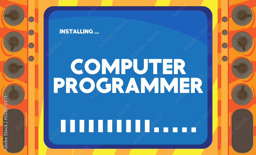 Leinwandbilder Cartoon Computer With the word Computer Programmer. Message of a screen displaying an installation window.