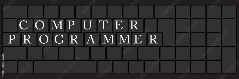 Poster computer keyboard with computer programmer text. close-up of an electronic computer device part, key