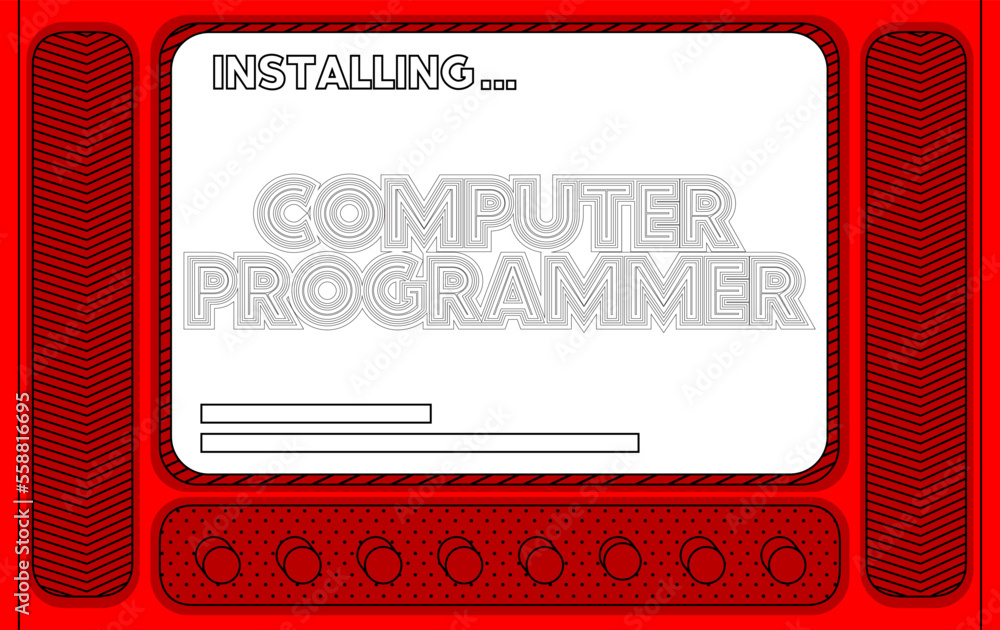 Leinwandbilder Cartoon Computer With the word Computer Programmer. Message of a screen displaying an installation window.