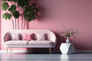 Vacant pink walls of the living room are filled with lovely flowers and couches. Generative AI