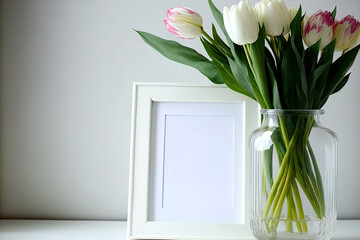A close up of a tulip flower in a glass vase with a picture frame on a white wooden table and a clean wall at home, with the theme of Mother's Day décor. Generative AI