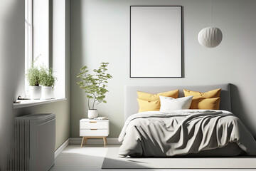 Scandinavian style minimalist modern bedroom background. Generative AI