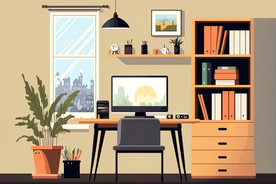 Interior design idea for a home office cabinet living room. cartoon illustration in flat graphics. Generative AI