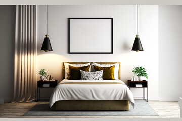 King sized bed, bookcase, table, and chair are all visible from the front of the room. Above the bed, a big horizontal poster is hanging. a mockup. Generative AI