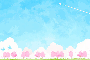 青空と桜並木の風景イラスト