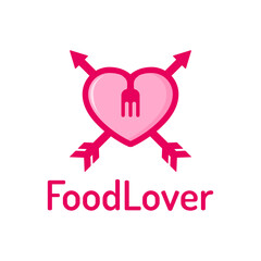 Love food vector template logo. Design with love, fork and arrow symbol. Suitable for hunter food