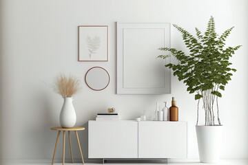 Elegant white living room decor with a mock up poster frame, rattan accents, a leaf, a wooden shelf, a vase of flowers, and other stylish personal items. minimalist design idea for the home. Template