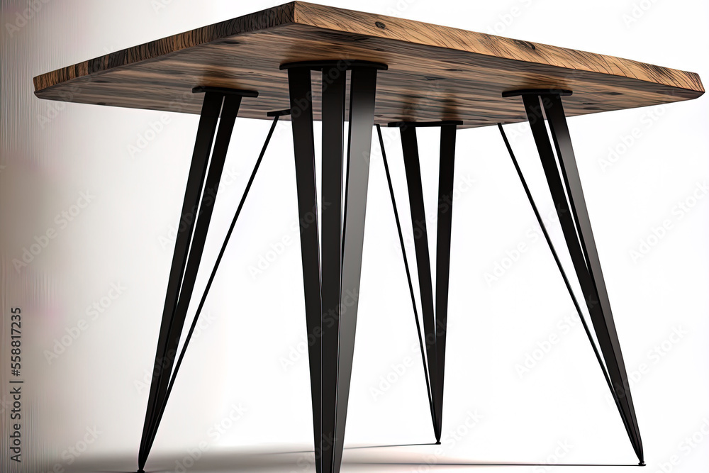 Wall mural black metal legs supporting a wooden table, isolated on a white background. Generative AI