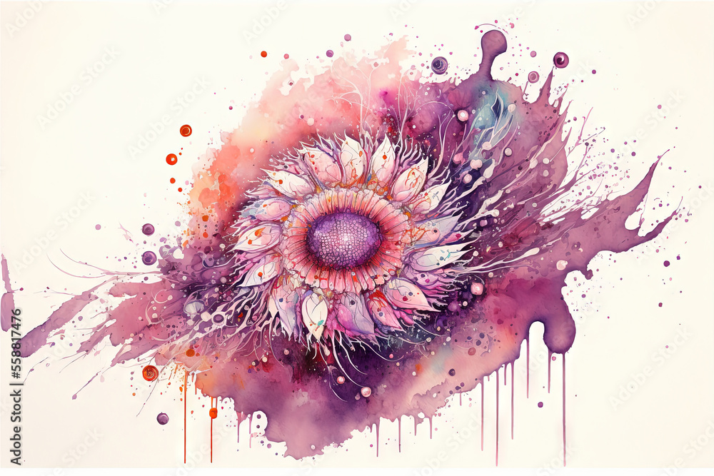 Poster a painting of a flower with lots of paint splatters on it's surface and a white background with a pi