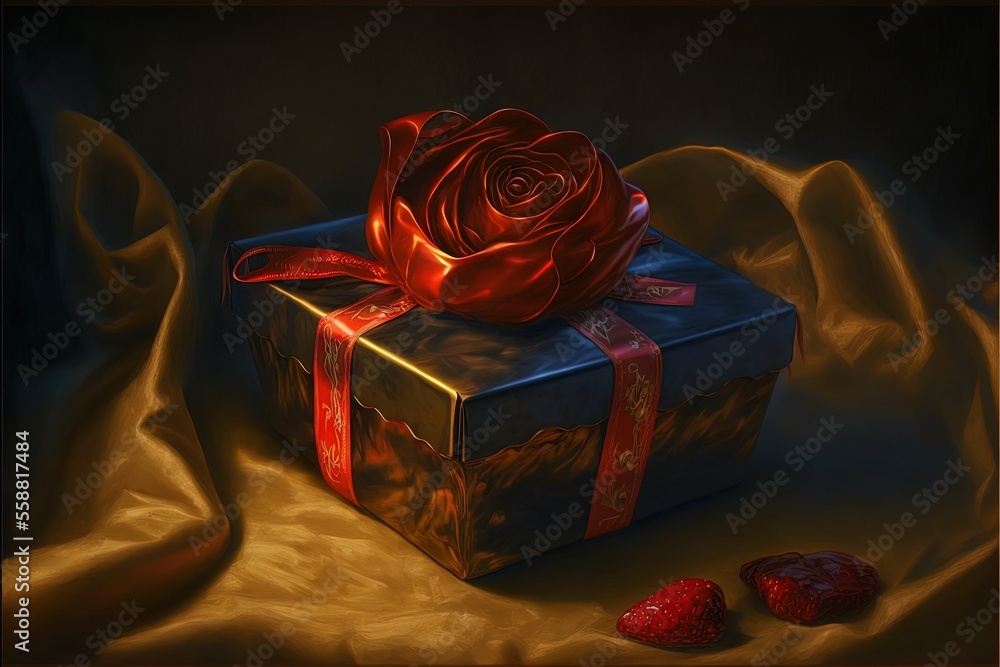 Poster a painting of a gift box with a rose on top of it and a heart on the side of it, with a red ribbon a