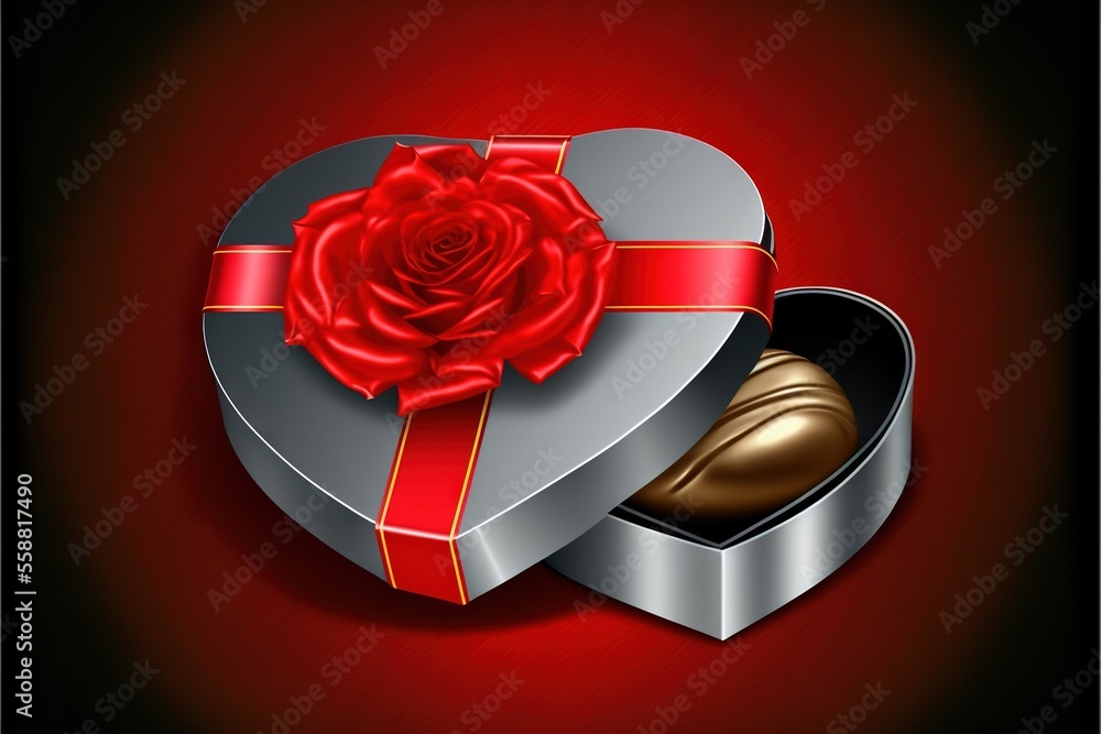 Poster a heart shaped box with a rose and a chocolate in it on a red background with a ribbon around the bo