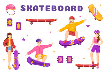 Skateboard Illustration with Skateboarders Jump using Board on Springboard in Skatepark in Extreme Sport Flat Style Cartoon Hand Drawn Templates