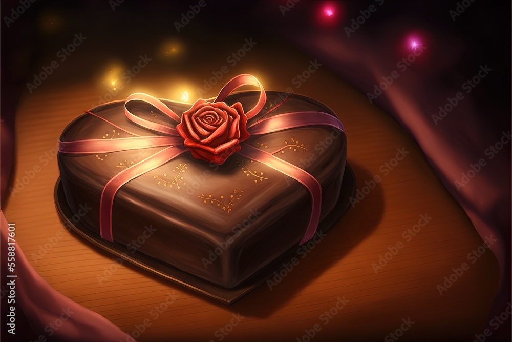 Aufkleber a heart shaped box with a rose on top of it and a ribbon around it, on a table with a light and a cl