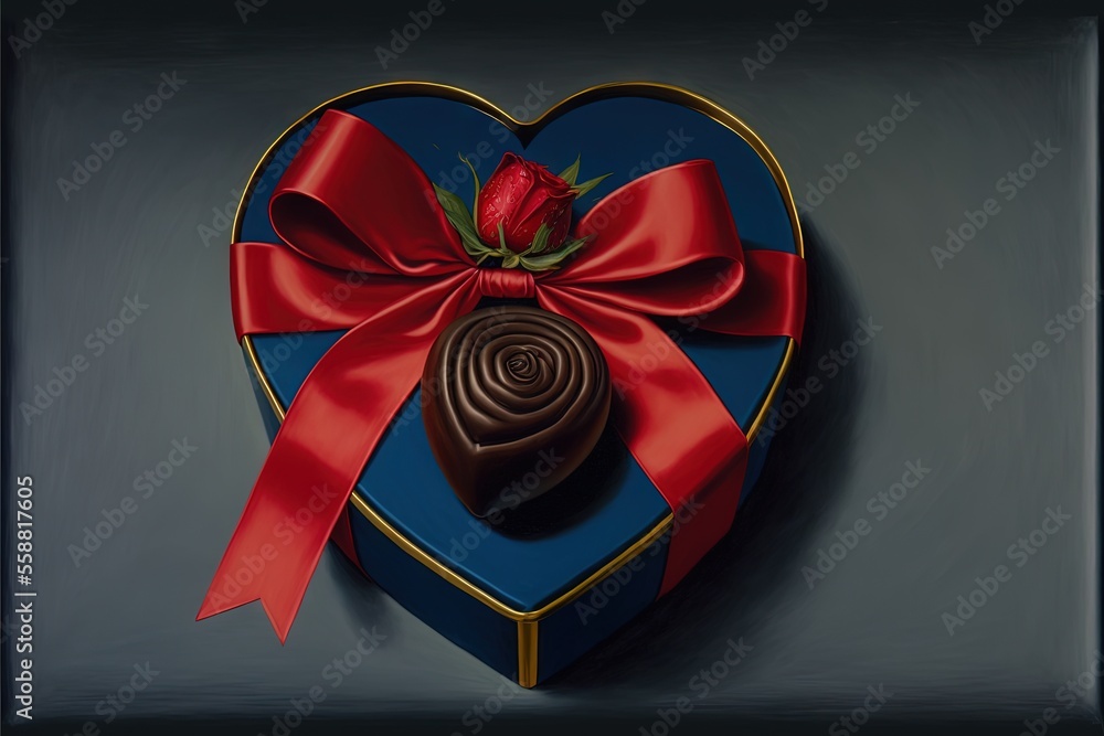 Poster a heart shaped box with a red ribbon and a rose on top of it, with a bow on the top of it, and a cho
