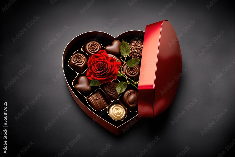 Poster a heart shaped box filled with chocolates and a rose in it's center, with a single rose in the middl