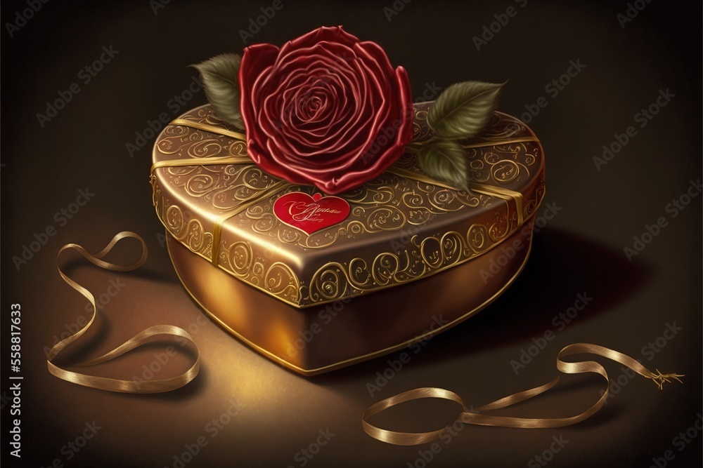 Poster a red rose sitting on top of a golden box with a ribbon around it and a heart on the inside of it, w