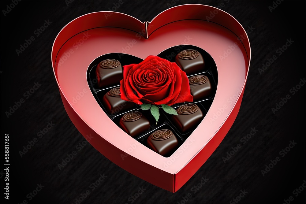 Poster a heart shaped box with a rose and chocolates inside of it on a black background with a red rose in 