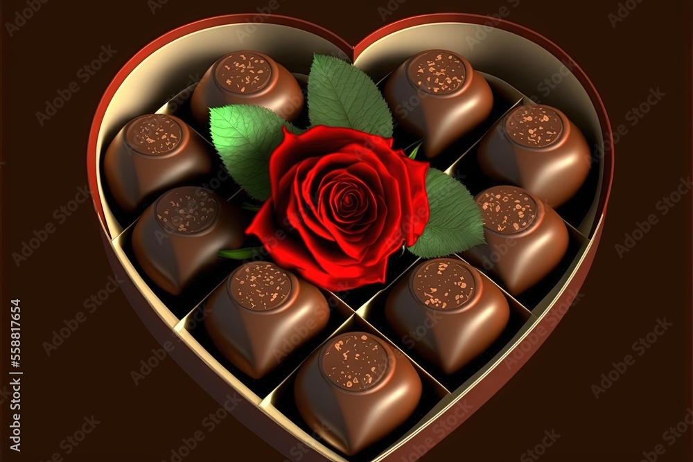 Poster a heart shaped box filled with chocolates and a rose on top of it with a green leaf on top of it and