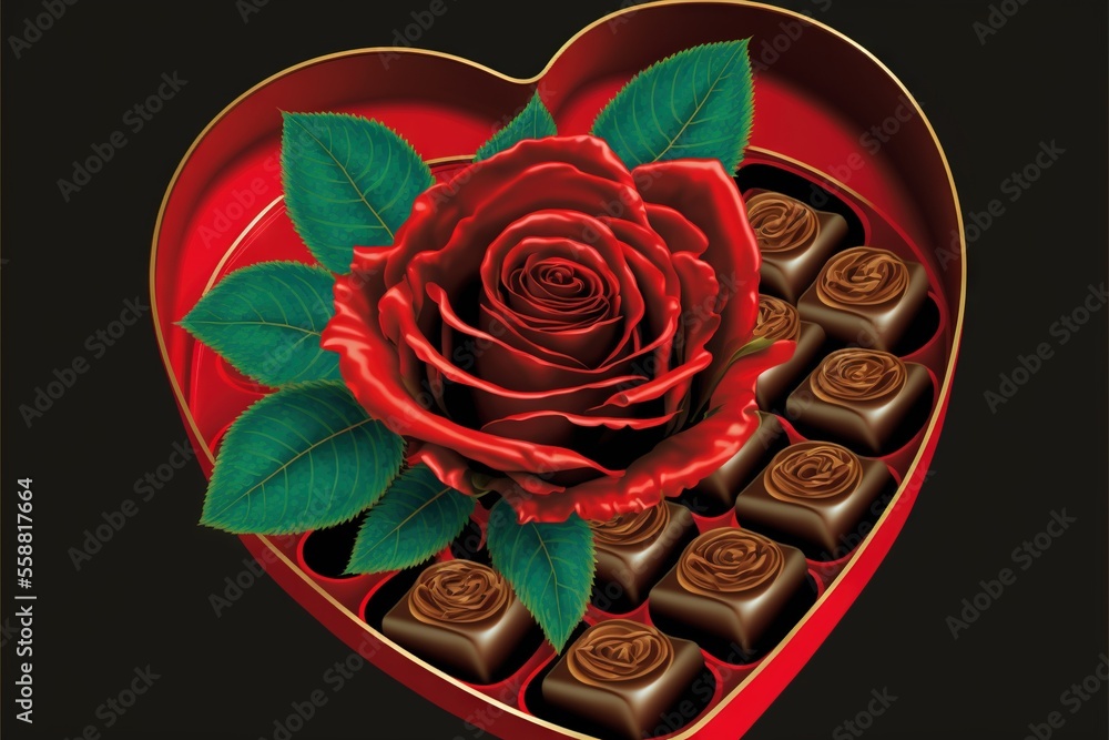 Poster a heart shaped box with chocolates and a rose in it, with a chocolate bar in the middle of the box a