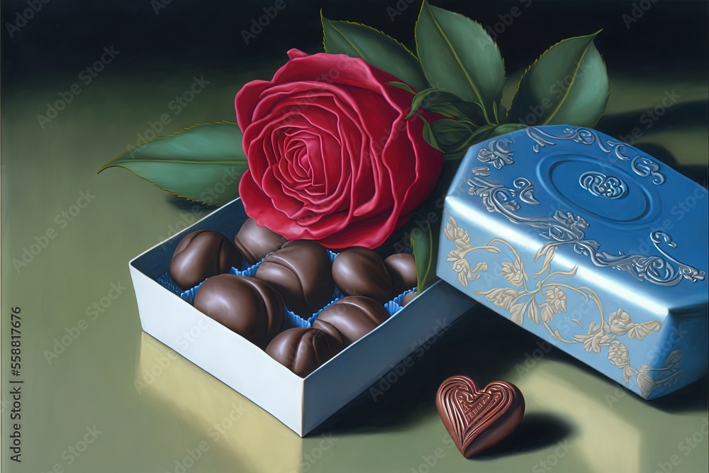 Poster a painting of a rose and chocolates in a box with a heart shaped box of chocolates next to it on a t
