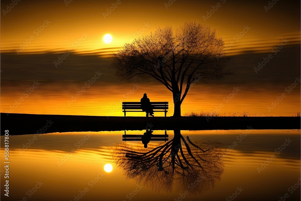 Poster a person sitting on a bench in front of a tree and water at sunset with the sun setting behind them 