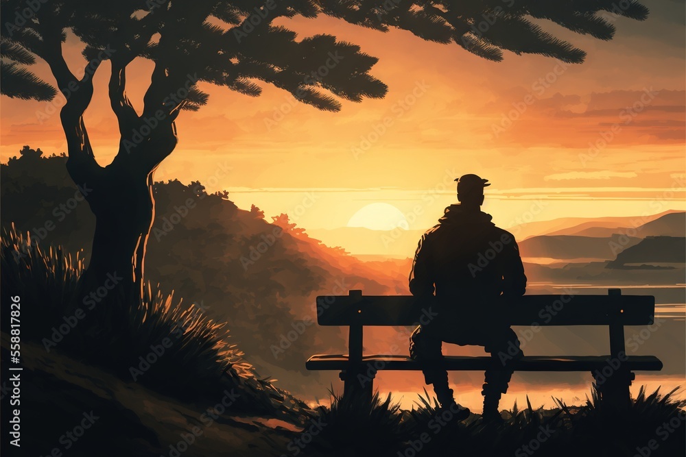 Poster a man sitting on a bench looking at the sunset over a lake with a tree and mountains in the backgrou