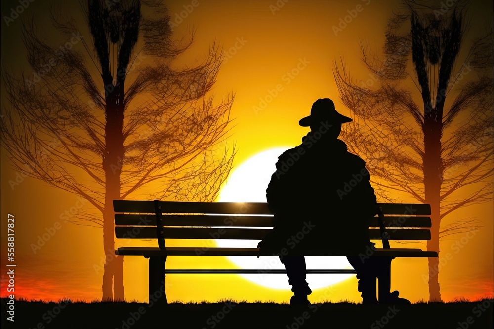 Poster a person sitting on a bench in front of a sunset with trees and a person with a hat on their head is
