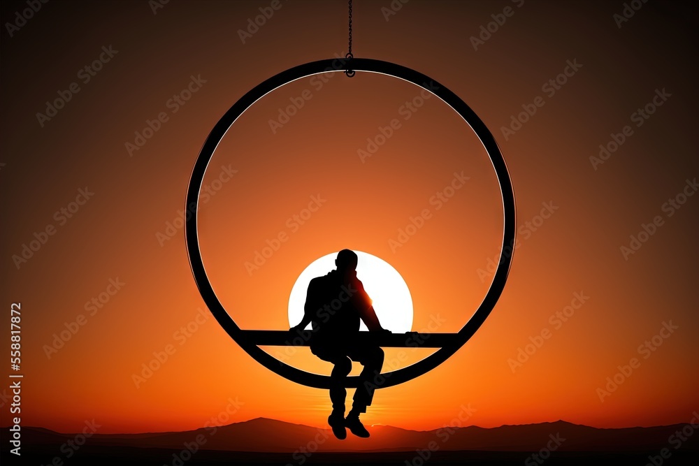 Aufkleber a person sitting on a circular object in the sunset with a person sitting on it in the middle of the