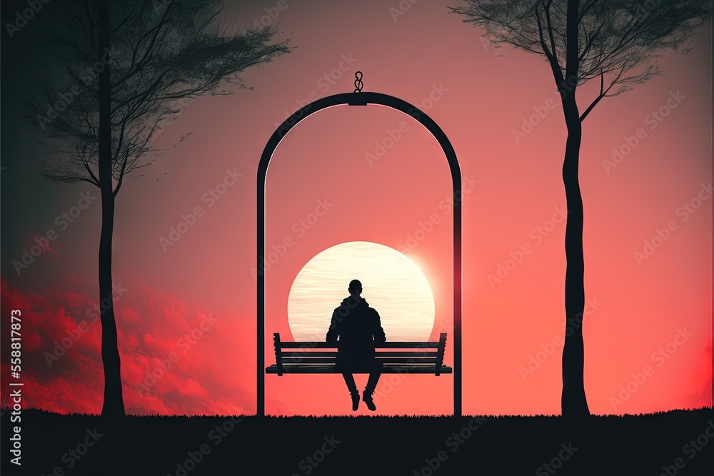Poster  a person sitting on a bench in front of a sunset with a red sky behind them and trees in the foreground, with a person sitting on a bench in the foreground, with the. Generative AI