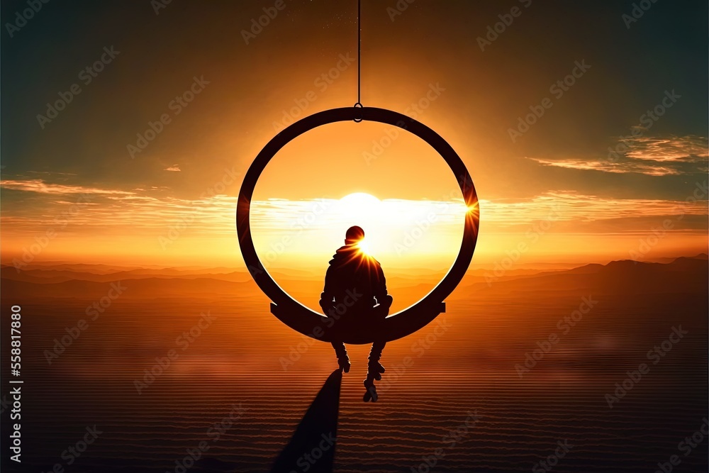 Aufkleber a man sitting on a large object in the middle of a sunset sky with a person standing in the middle o