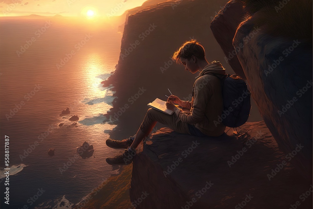 Poster a man sitting on a cliff looking at a book and writing on a paper while the sun sets over the ocean 