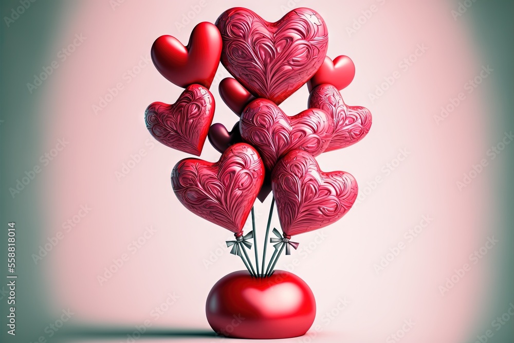 Poster a bunch of hearts are in a vase on a table top with a pink background and a pink background behind i