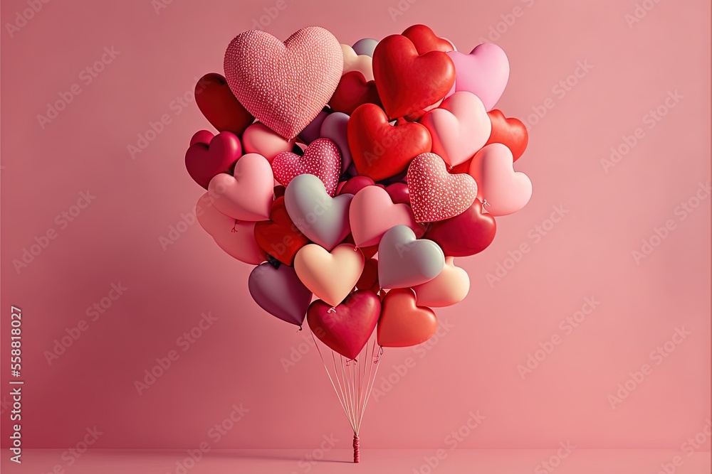 Poster a bunch of heart shaped balloons are in the air on a pink background with a pink background and a pi