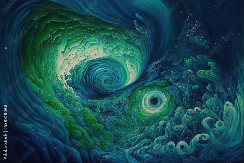 Poster a painting of a blue and green swirl with bubbles and bubbles in the center of the image, with a whi